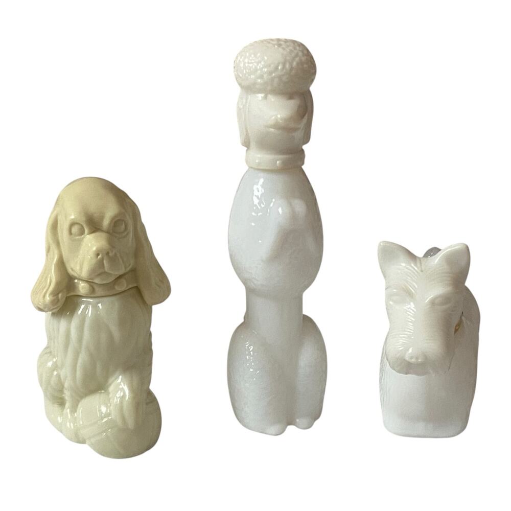 Vintage EMPTY Avon Milk Glass Dog Bottle Lot Poodle Scottie Cocker Spaniel 70s